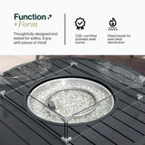 Close-up view of Aluminum Propane 42" Round Outdoor Fire Pit Table showcasing the heat-efficient glass beads and a durable glass windguard to maintain a steady flame, Oakville, ON.