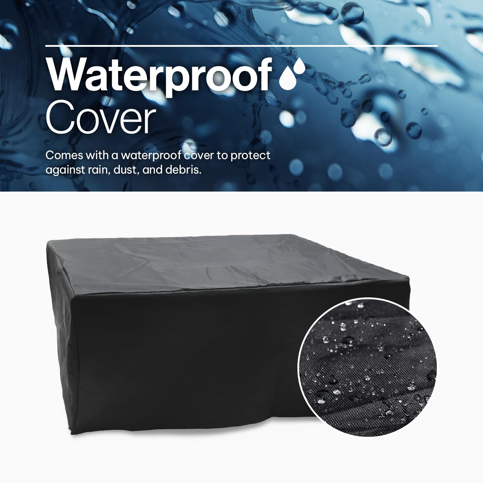 Close-up image of the included waterproof cover, highlighting its durable and weather-resistant material designed to protect the fire pit table from the elements, Oakville, ON. Keywords: waterproof fire pit cover, weather-resistant cover, fire pit table protection, outdoor furniture cover.
