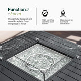Close-up view of the Aluminum Propane 42" Square Outdoor Fire Pit Table focusing on the heat-efficient glass beads and sturdy glass windguard for a steady, reliable flame, Oakville, ON.