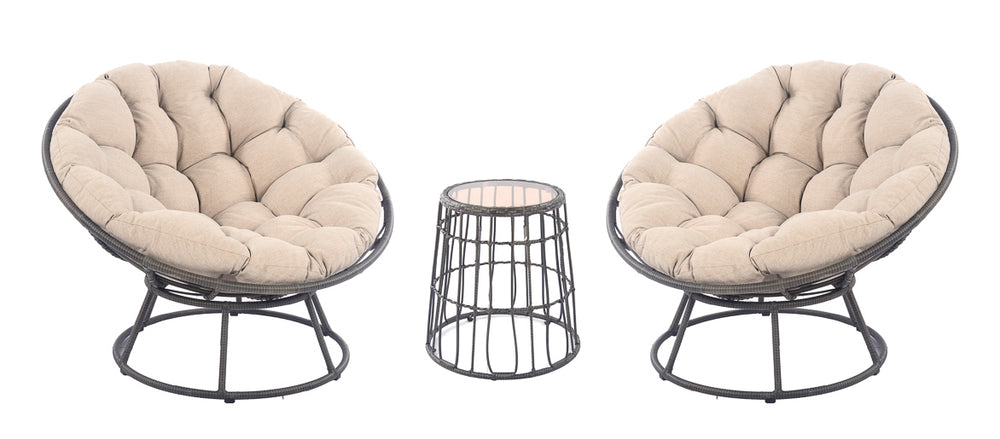 Blakeley 3-piece wicker outdoor bistro set featuring two Papasan chairs with plush weather-resistant cushions and a glass-top table, ideal for patios in Oakville, Ontario.