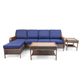Cambridge 5-Piece Wicker Outdoor Sectional with chaise, loveseat, armless chair, coffee table, end table, all-weather wicker, plush cushions.
