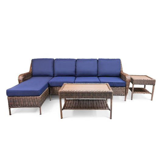 Cambridge 5-Piece Wicker Outdoor Sectional with chaise, loveseat, armless chair, coffee table, end table, all-weather wicker, plush cushions.