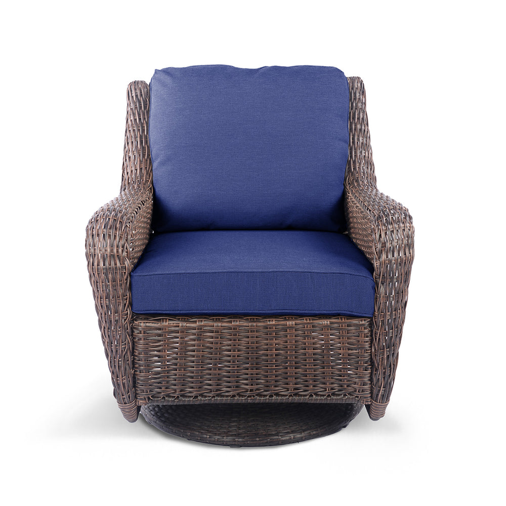Cambridge Wicker Outdoor Swivel Chair with gently curving arms, plush weather-resistant cushions, and a 360° swivel base, designed for outdoor relaxation in Oakville, ON.