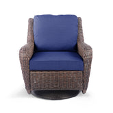 Cambridge Wicker Outdoor Swivel Chair with gently curving arms, plush weather-resistant cushions, and a 360° swivel base, designed for outdoor relaxation in Oakville, ON.