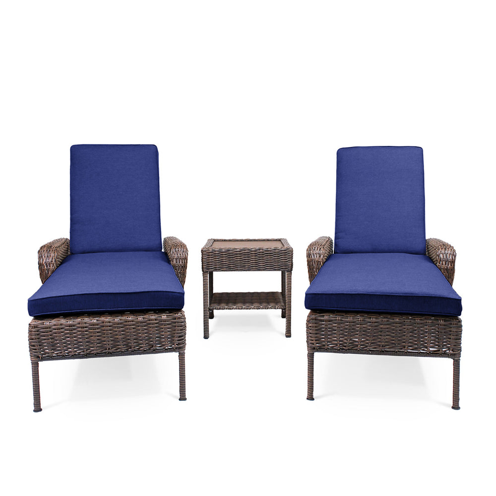 Front view of Cambridge Wicker Outdoor Chaise Lounge Set featuring two chaise lounge chairs and an end table with classic all-weather wicker weave and plush weather-resistant cushions, Oakville, ON.