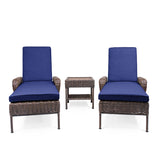Front view of Cambridge Wicker Outdoor Chaise Lounge Set featuring two chaise lounge chairs and an end table with classic all-weather wicker weave and plush weather-resistant cushions, Oakville, ON.