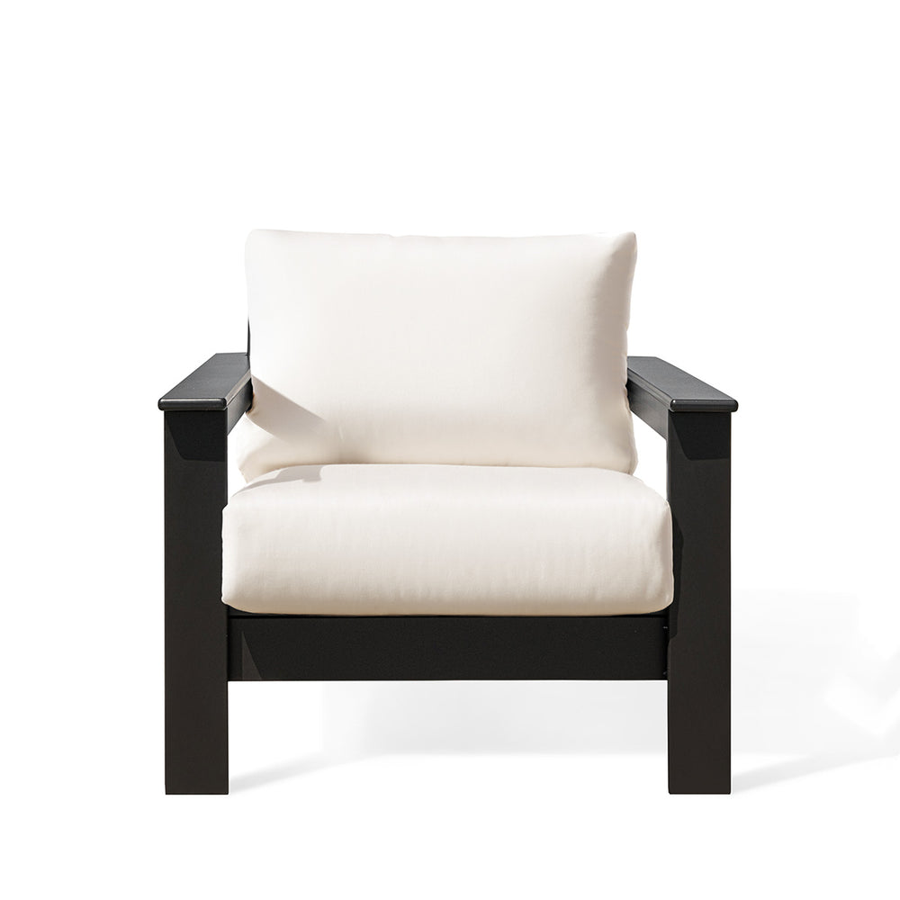 Hickory Polymer Outdoor Club Chair in black with Sunbrella® cushions, featuring a marine-grade polymer frame and slatted design.