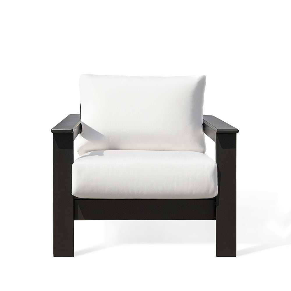 Hickory Polymer Outdoor Club Chair with Sunbrella® cushions, featuring a marine-grade polymer frame and slatted design for durability.