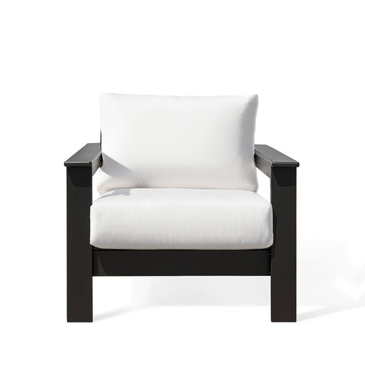 Hickory Polymer Outdoor Club Chair with Sunbrella® cushions, featuring a marine-grade polymer frame and slatted design for durability.