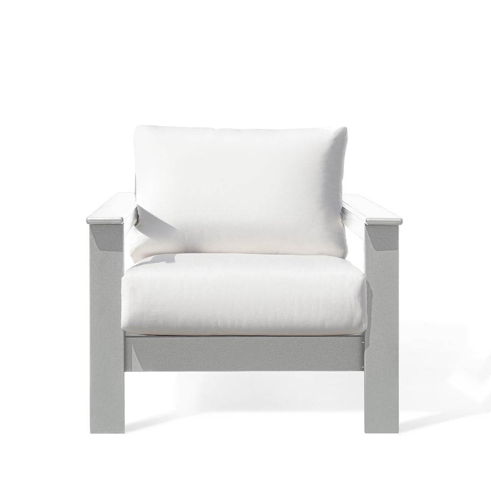 Hickory Polymer Outdoor Club Chair in white with Sunbrella® cushions, featuring a marine-grade polymer frame and slatted design.