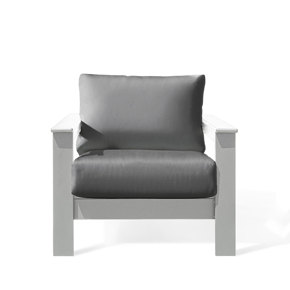 Hickory Polymer Outdoor Club Chair in white with Sunbrella® cushions, durable, weather-resistant frame, ideal for Oakville outdoor spaces.