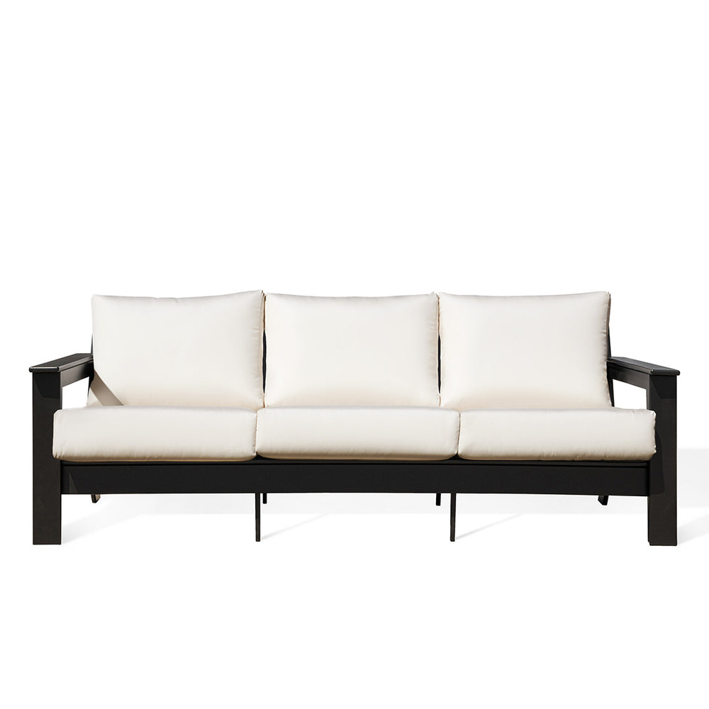 Hickory Polymer Outdoor Loveseat with Sunbrella® Canvas Birds Eye cushions and black frame, modern coastal style in Oakville, ON