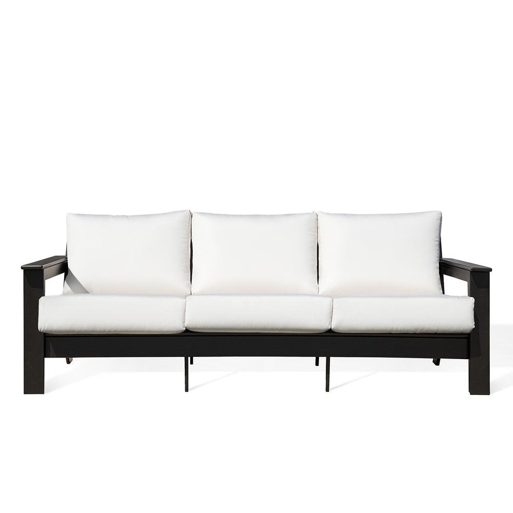 Hickory Polymer Outdoor Loveseat with Sunbrella® Canvas White cushions and black frame, stylish coastal design in Oakville, ON