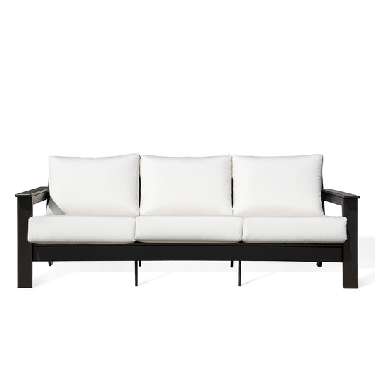 Hickory Polymer Outdoor Loveseat with Sunbrella® Canvas White cushions and black frame, stylish coastal design in Oakville, ON