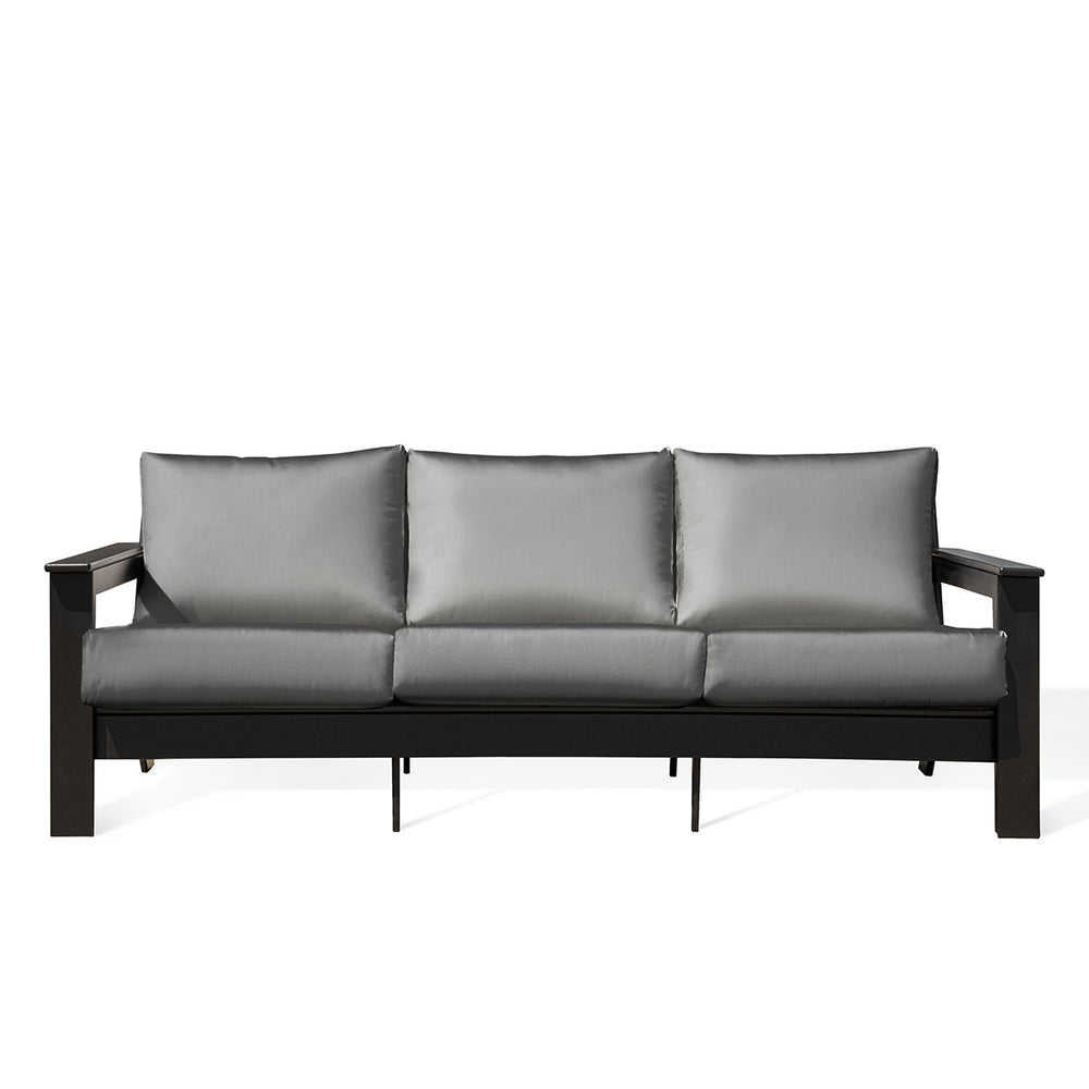 Hickory Polymer Outdoor Loveseat with Sunbrella® Cast Slate cushions and black frame, modern coastal style in Oakville, ON