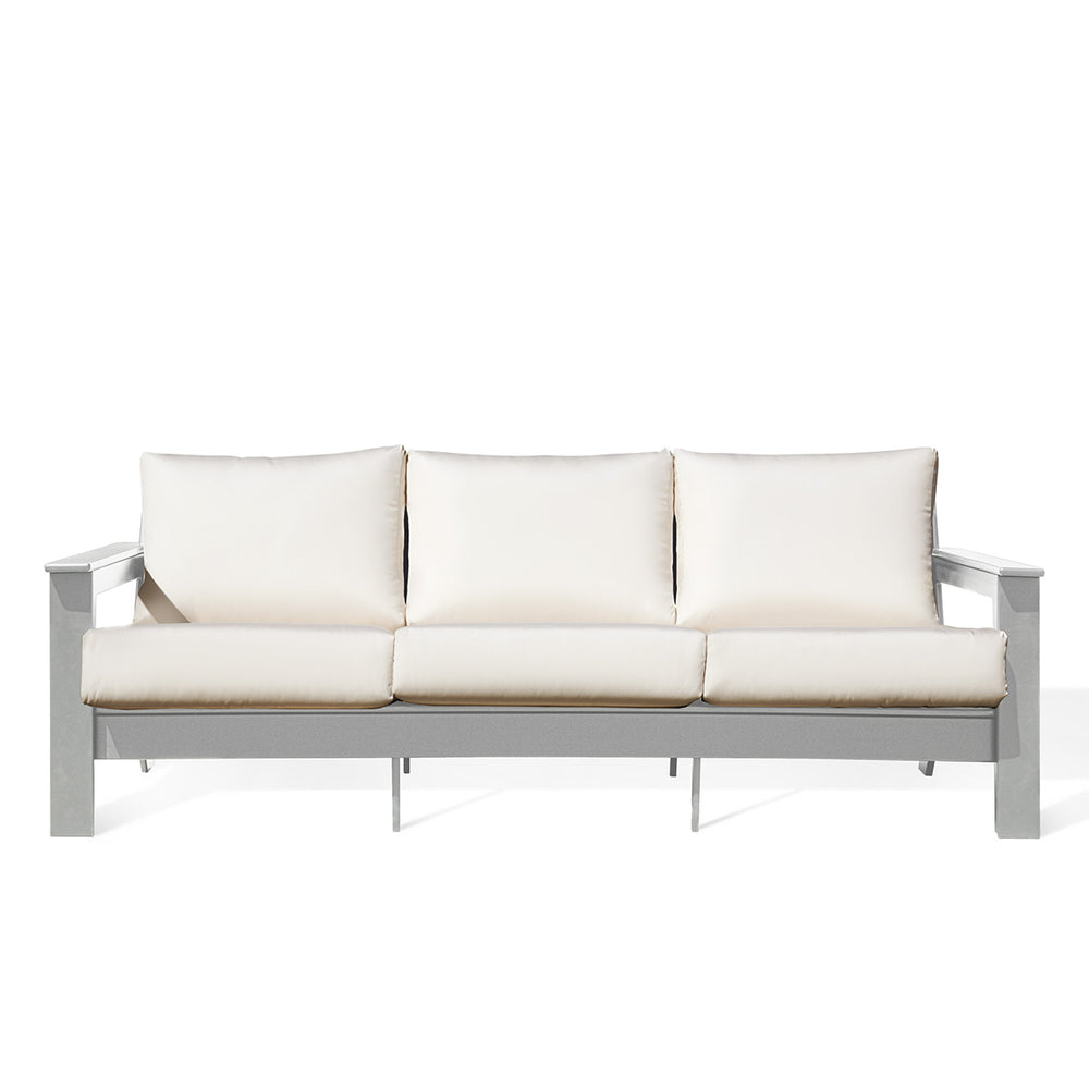 Hickory Polymer Outdoor Loveseat with Sunbrella® Canvas Birds Eye cushions and pearl white frame, modern coastal style in Oakville, ON