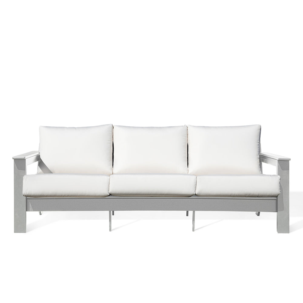Hickory Polymer Outdoor Loveseat with Sunbrella® Canvas White cushions and pearl white frame, elegant coastal design in Oakville, ON