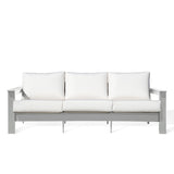 Hickory Polymer Outdoor Loveseat with Sunbrella® Canvas White cushions and pearl white frame, elegant coastal design in Oakville, ON