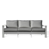 Front view of the Hickory Marine Grade Polymer Outdoor Sofa in white, featuring Sunbrella Cast Slate cushions, perfect for outdoor relaxation, East Credit.