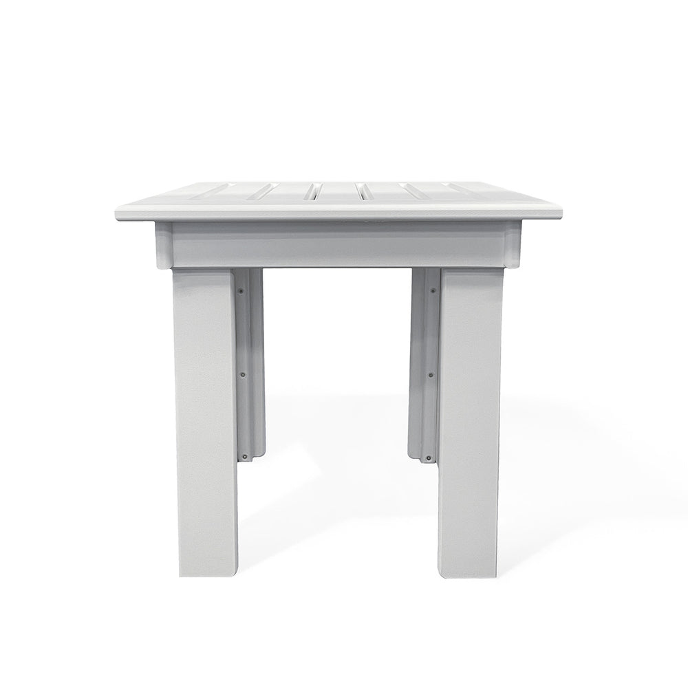 Hickory Polymer Outdoor End Table in white with slatted frame, UV-resistant, ideal for Oakville outdoor settings.