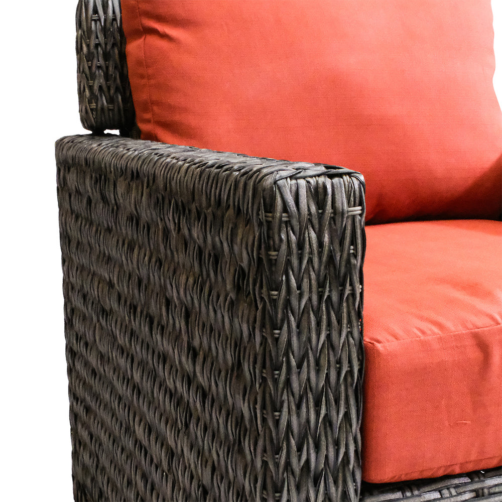 Close-up of Laguna Point Wicker Outdoor Club Chair armrest, showcasing wide wicker design and sturdy frame in Toronto.