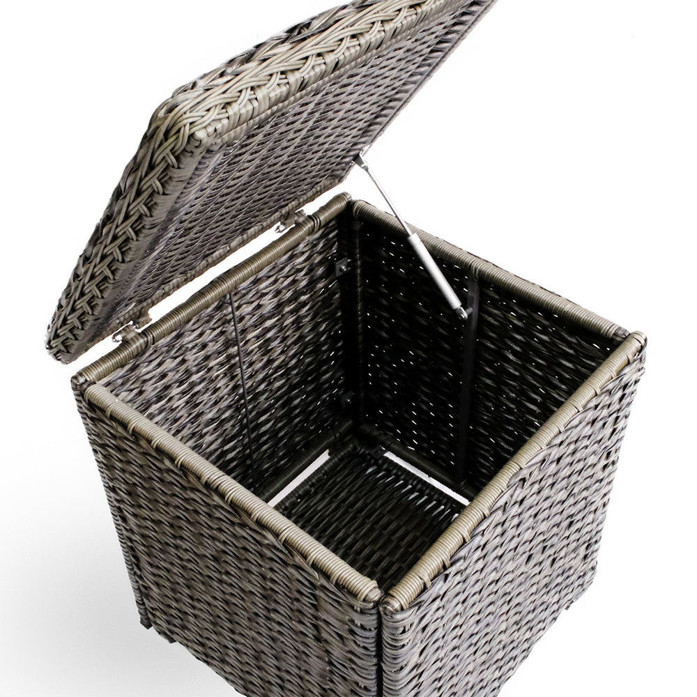 Inside view of the Laguna Point end table with the lid open, revealing ample storage space and soft close shock-absorbing hinge.