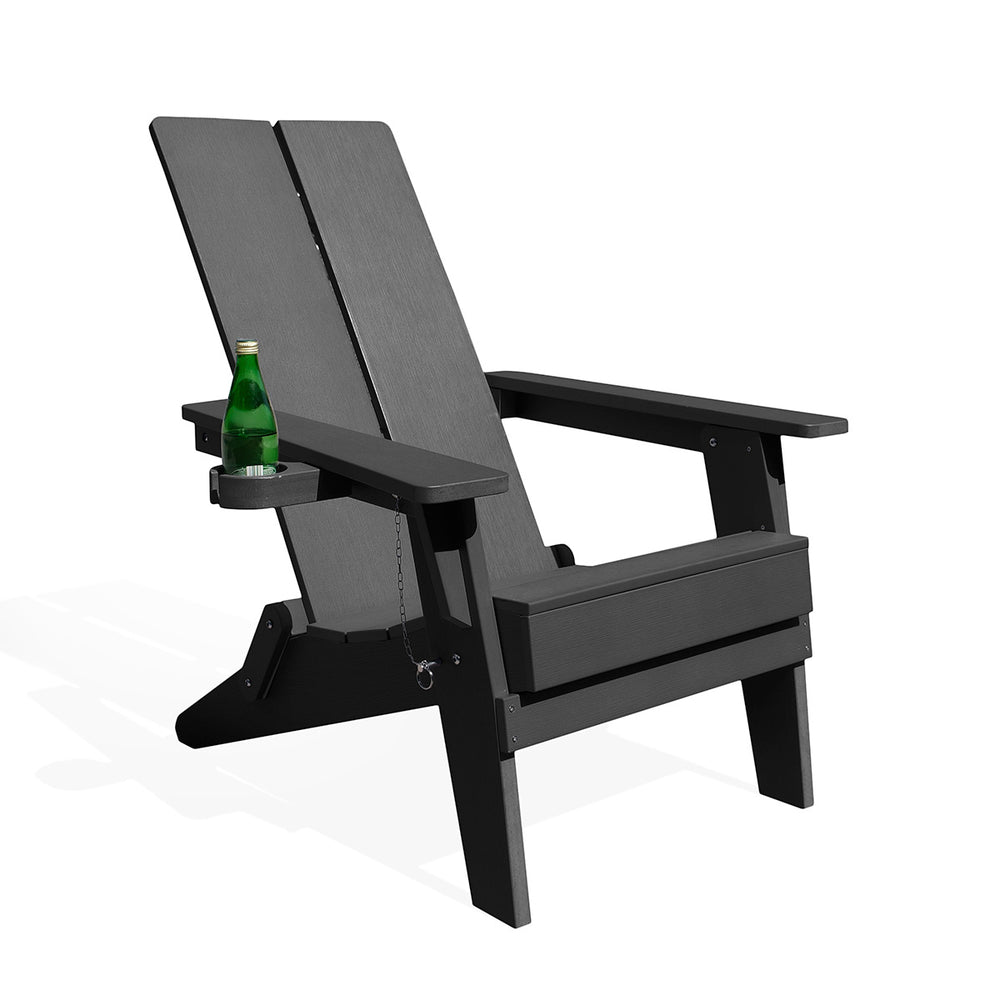 Side view of the black Adirondack chair with a green bottle in the cupholder, showcasing its ergonomic design.