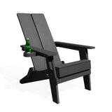 Side view of the black Adirondack chair with a green bottle in the cupholder, showcasing its ergonomic design.