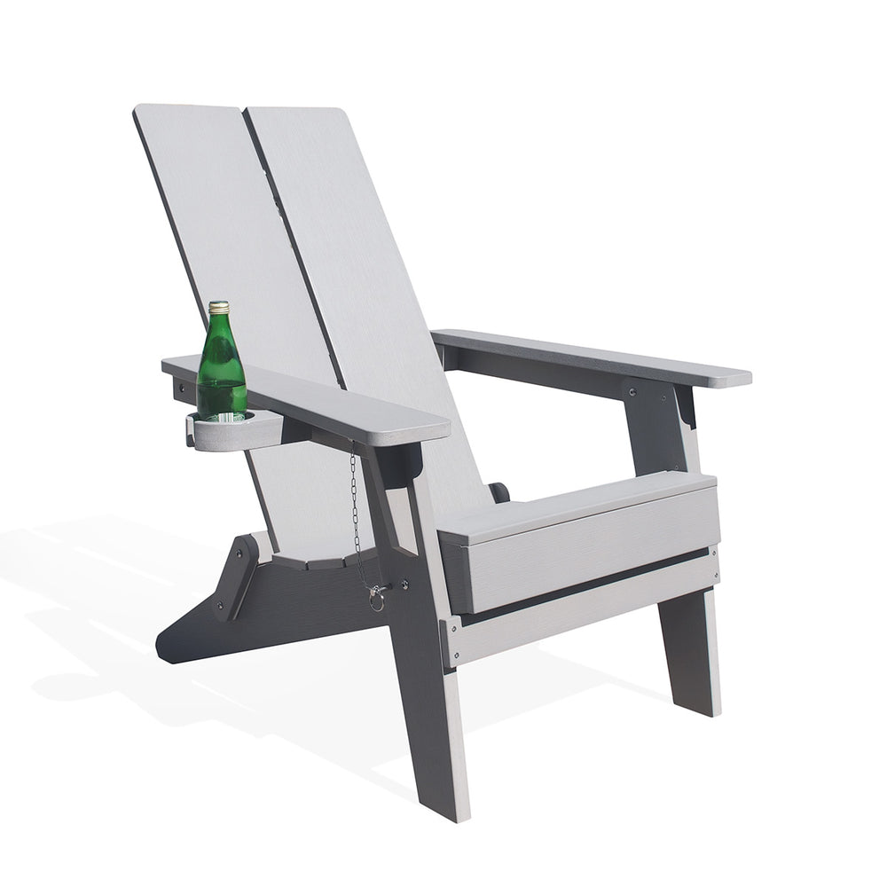 Side view of gray Adirondack folding chair with a green bottle in the cupholder, showcasing the ergonomic design and modern back.