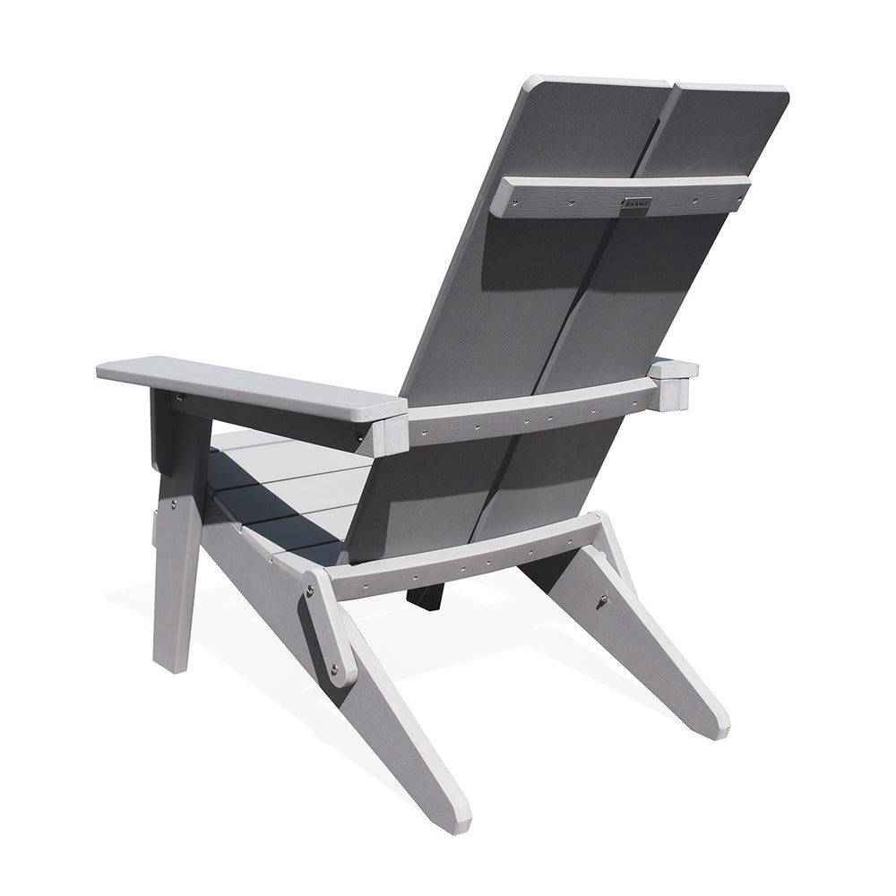 Back view of the gray Adirondack folding chair, showcasing the extra-tall 2-panel backrest and ergonomic design.