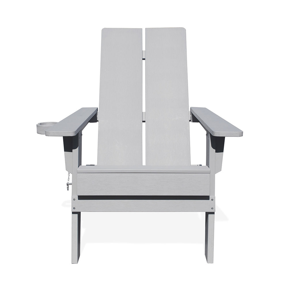Front view of the gray Adirondack polymer outdoor folding chair with cupholder, featuring a modern 2-panel back and ergonomic design.