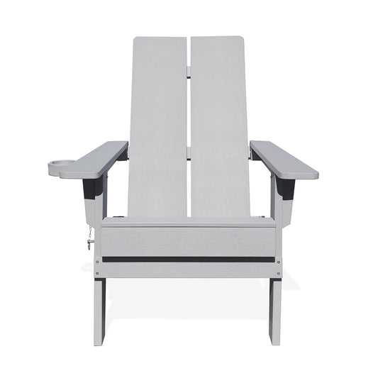 Front view of the gray Adirondack polymer outdoor folding chair with cupholder, featuring a modern 2-panel back and ergonomic design.