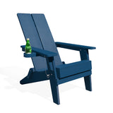 Side view of the blue Adirondack chair with a green bottle in the cupholder, showcasing the ergonomic design.