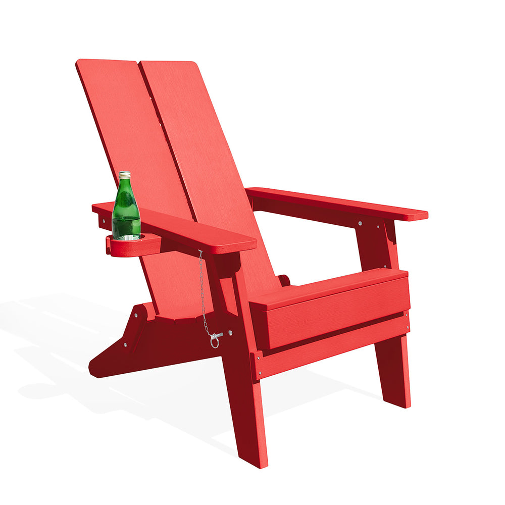Side view of the red Adirondack chair with a green bottle in the cupholder, highlighting its ergonomic design.