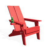 Side view of the red Adirondack chair with a green bottle in the cupholder, highlighting its ergonomic design.