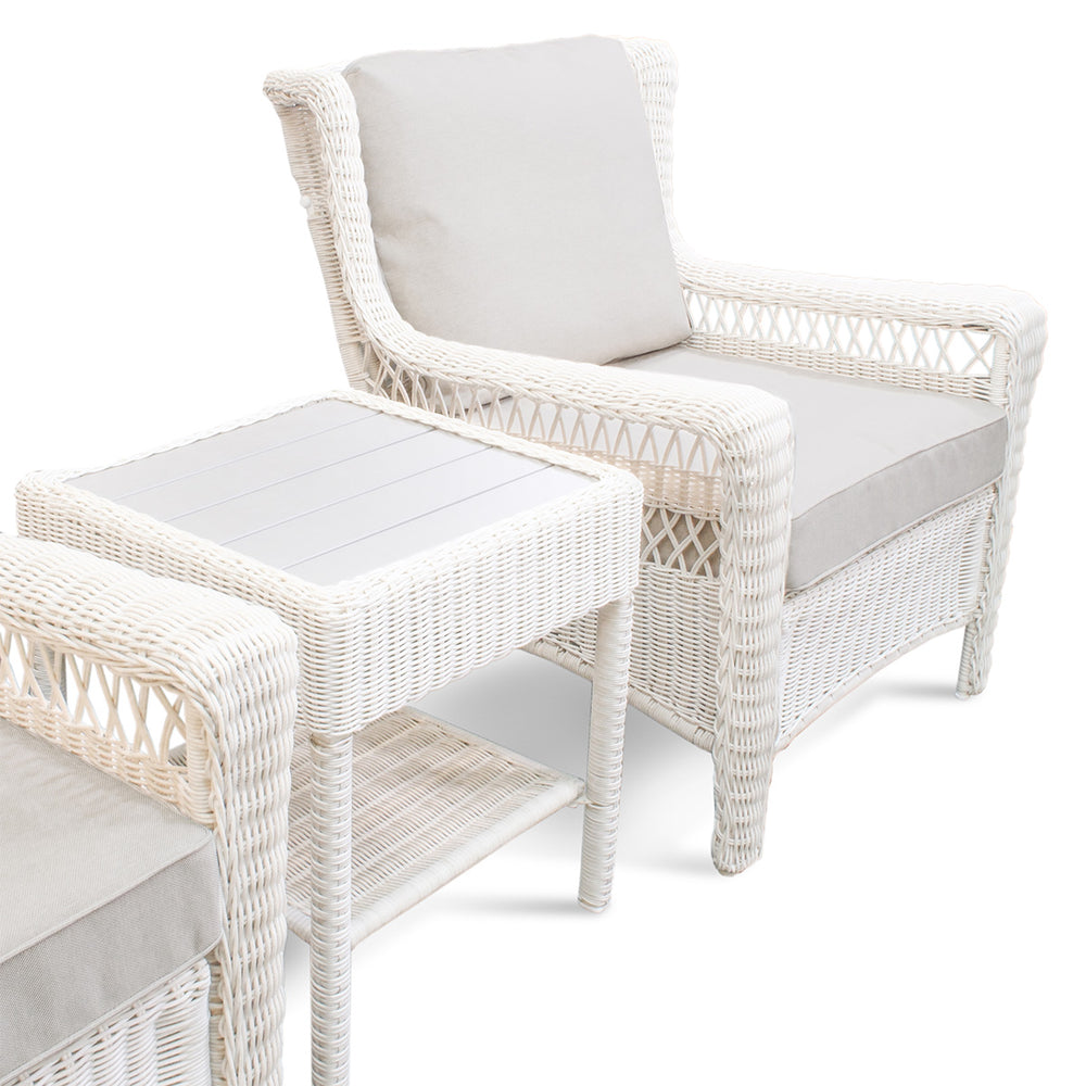 Close-up of Park Meadows 3-Piece Wicker Outdoor Bistro Set, featuring a table and chairs with white cream finish, perfect for outdoor spaces in Oakville.