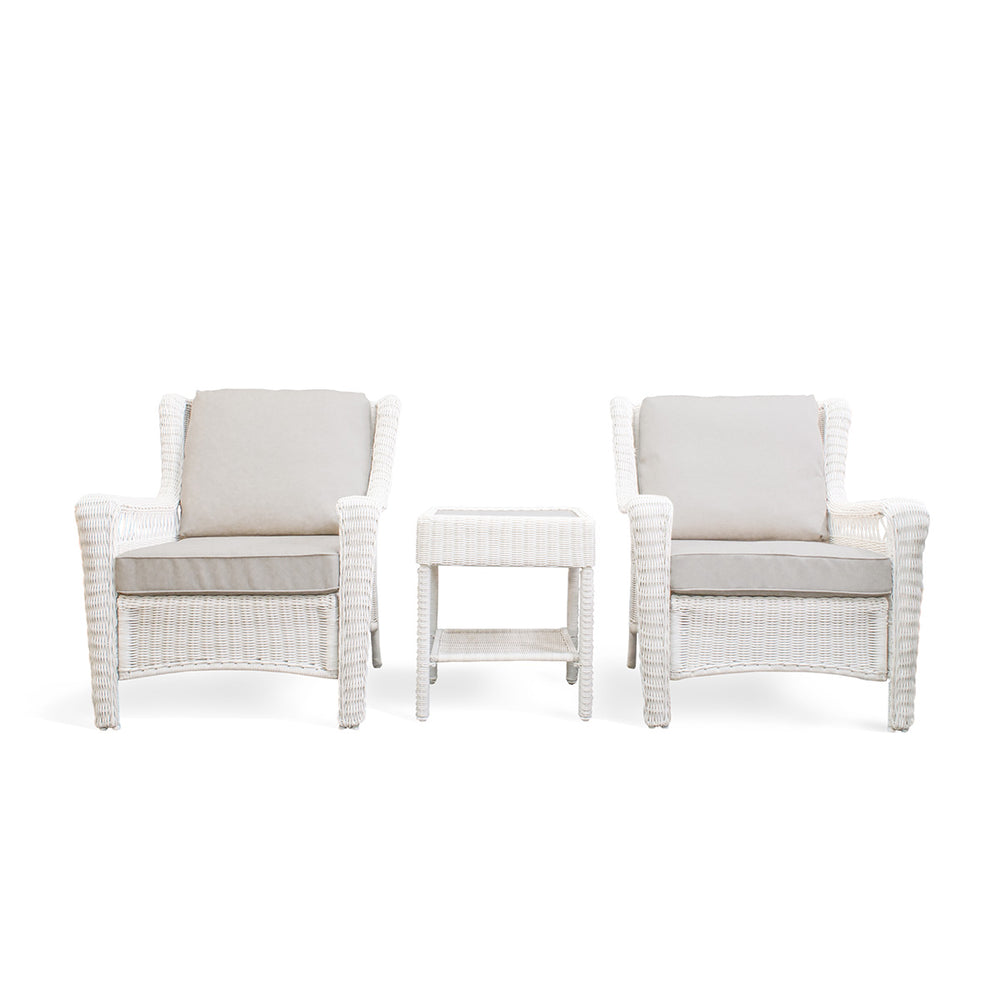 Park Meadows 3-Piece Wicker Outdoor Club Chair Bistro Set with white cream finish, including 2 chairs and end table, perfect for outdoor lounging in Oakville.