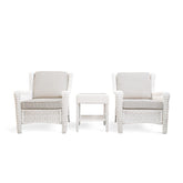 Park Meadows 3-Piece Wicker Outdoor Club Chair Bistro Set with white cream finish, including 2 chairs and end table, perfect for outdoor lounging in Oakville.