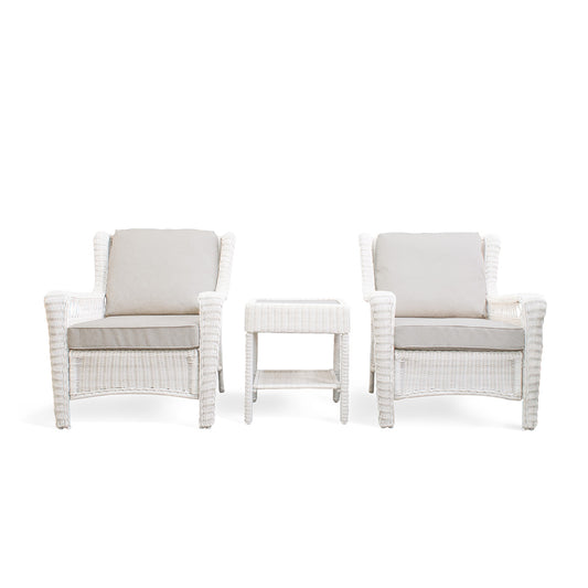 Park Meadows 3-Piece Wicker Outdoor Club Chair Bistro Set with white cream finish, including 2 chairs and end table, perfect for outdoor lounging in Oakville.