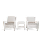 Park Meadows 3-Piece Wicker Outdoor Club Chair Bistro Set with white cream finish, including 2 chairs and end table, perfect for outdoor lounging in Oakville.
