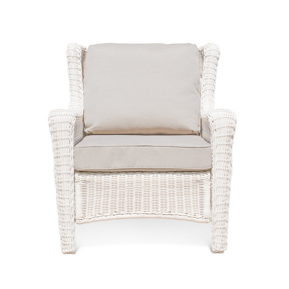 Park Meadows Wicker Outdoor Club Chair in white cream finish, featuring diamond weave details, wide arms, and deep seating. Oakville, ON.