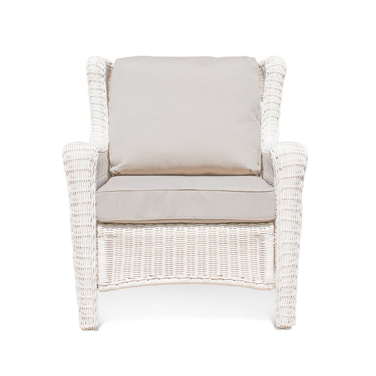 Park Meadows Wicker Outdoor Club Chair in white cream finish, featuring diamond weave details, wide arms, and deep seating. Oakville, ON.