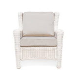 Park Meadows Wicker Outdoor Club Chair in white cream finish, featuring diamond weave details, wide arms, and deep seating. Oakville, ON.