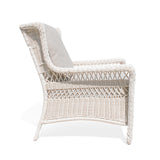 Park Meadows Wicker Outdoor Club Chair viewed from the right side, highlighting the diamond weave details and wide armrests. Oakville, ON.