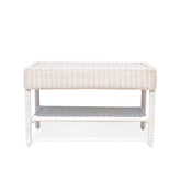 Park Meadows Wicker Outdoor Coffee Table in white cream finish with slatted top, built-in shelf, and robust resin wicker. Perfect for outdoor spaces in Oakville, ON.