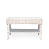 Park Meadows Wicker Outdoor Coffee Table in white cream finish with slatted top, built-in shelf, and robust resin wicker. Perfect for outdoor spaces in Oakville, ON.