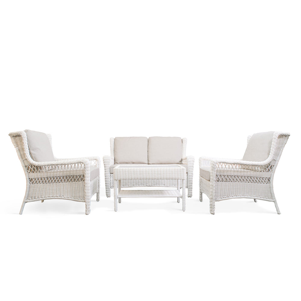 Park Meadows 4-Piece Wicker Outdoor Set in white cream, featuring 2 chairs, loveseat, coffee table, weather-resistant cushions, and wide arms.