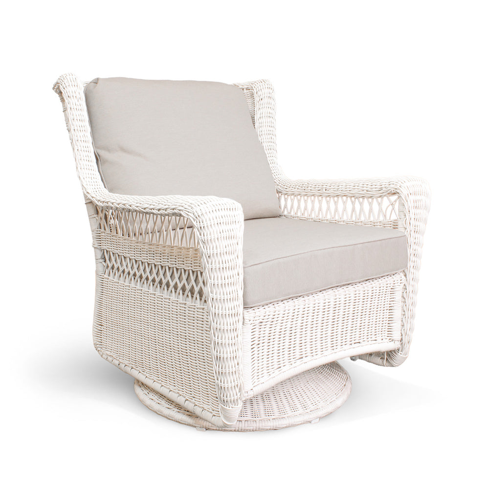 Park Meadows Wicker Outdoor Swivel Chair from right corner, showcasing diamond weave and swivel base, in Applewood, ON.