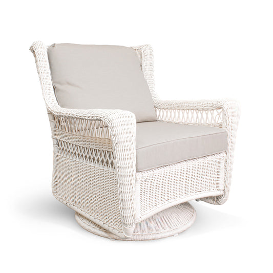 Park Meadows Wicker Outdoor Swivel Chair from right corner, showcasing diamond weave and swivel base, in Applewood, ON.