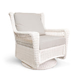 Park Meadows Wicker Outdoor Swivel Chair from right corner, showcasing diamond weave and swivel base, in Applewood, ON.